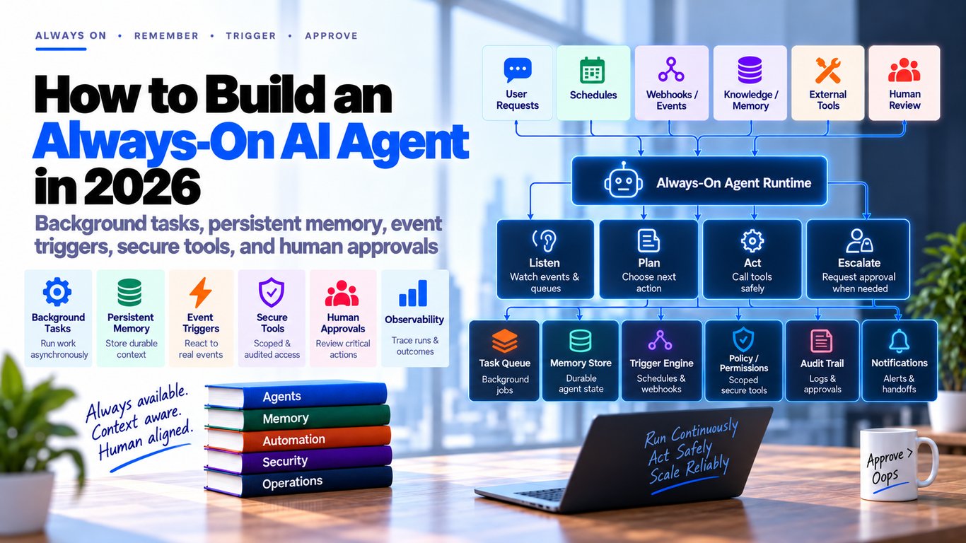 How to Build an Always-On AI Agent in 2026: Background Tasks, Persistent Memory, Event Triggers, Secure Tools & Human Approvals
